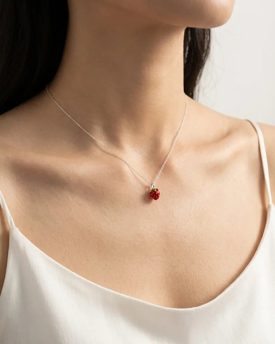 Yummy Strawberry Minimal Necklace - Silver Necklace by BLINGLANE