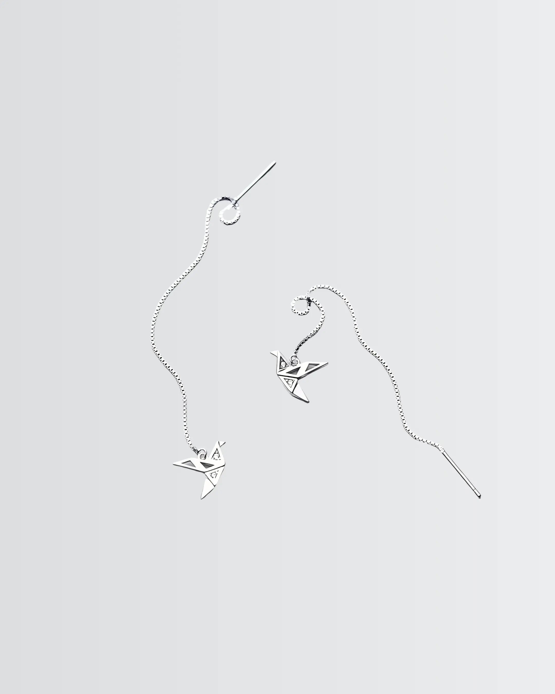 Origami Bird Chain Earrings -  Silver Earrings by BLINGLANE