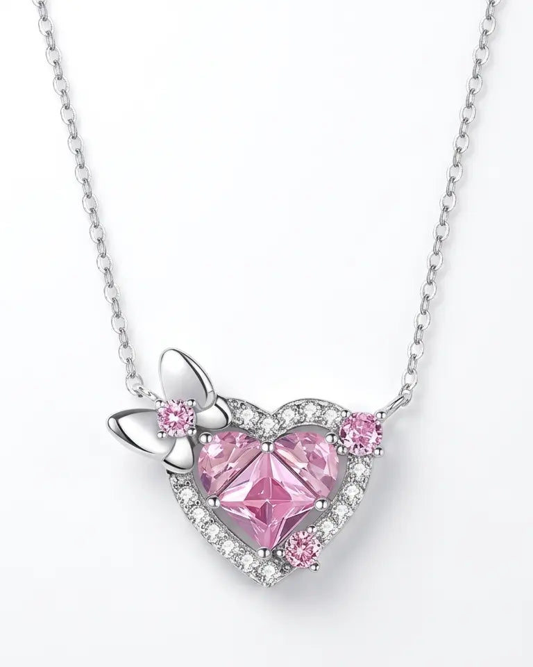 Pretty In Pink Heart Necklace -  Silver Necklace by BLINGLANE