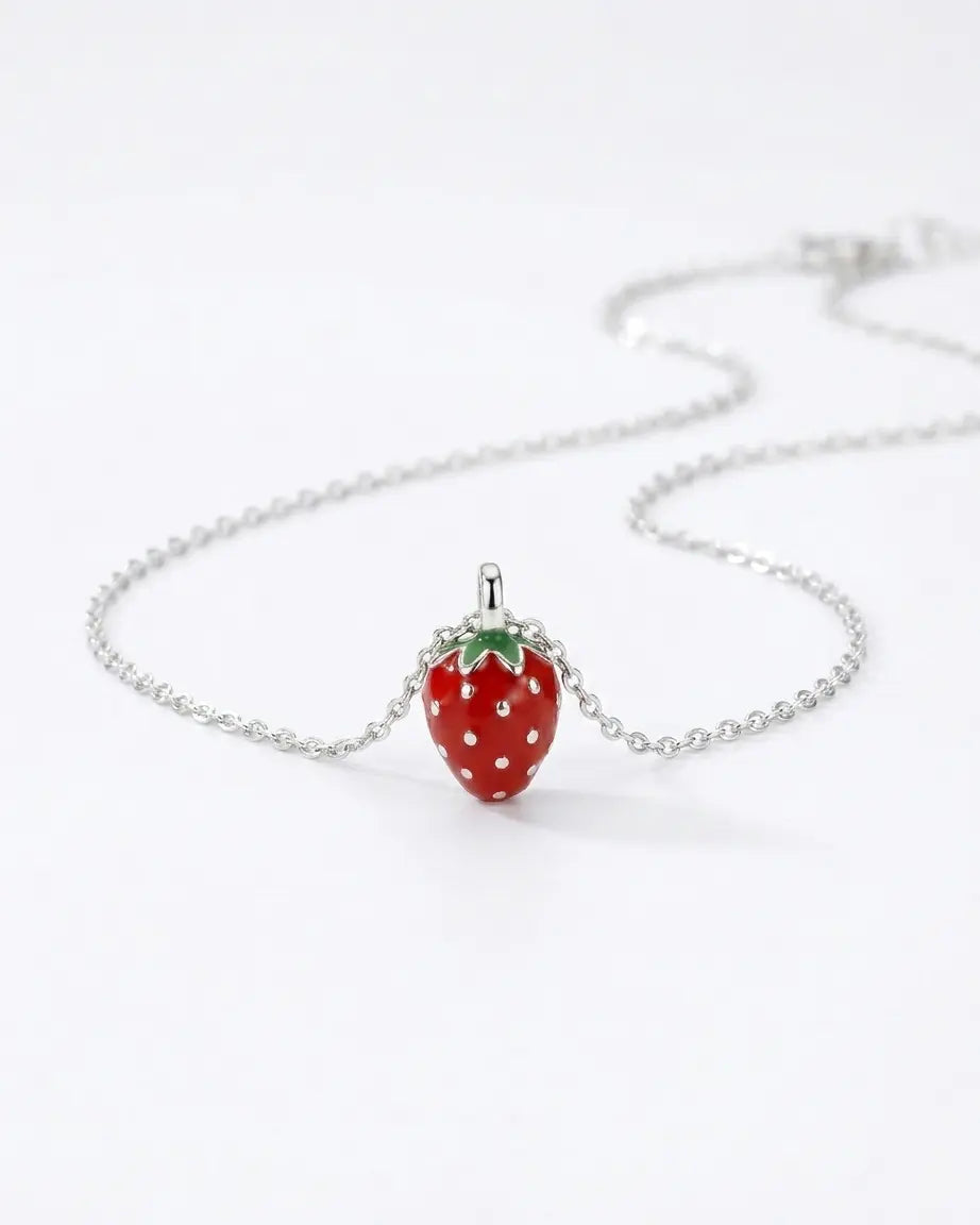 Yummy Strawberry Minimal Necklace -  Silver Necklace by BLINGLANE